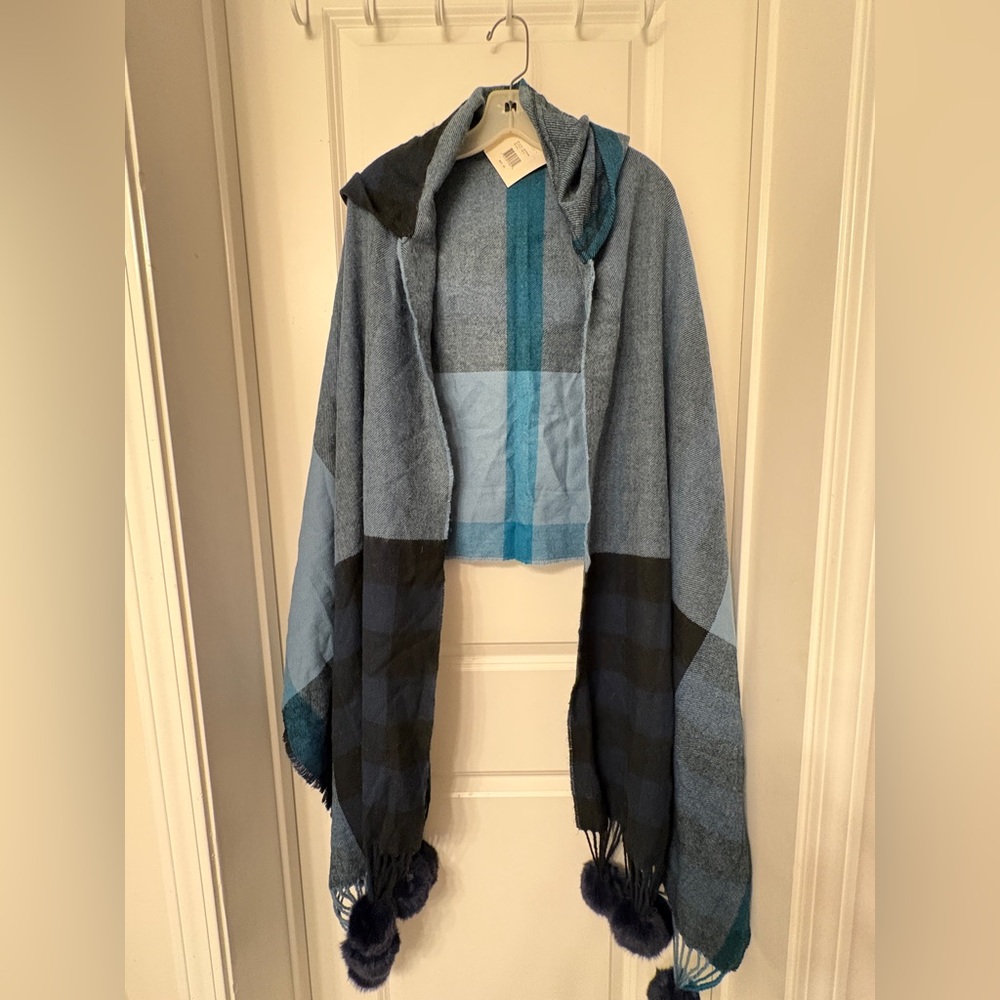 Echo New York Hooded Blue and Black Plaid Wrap Scarf with Tassels